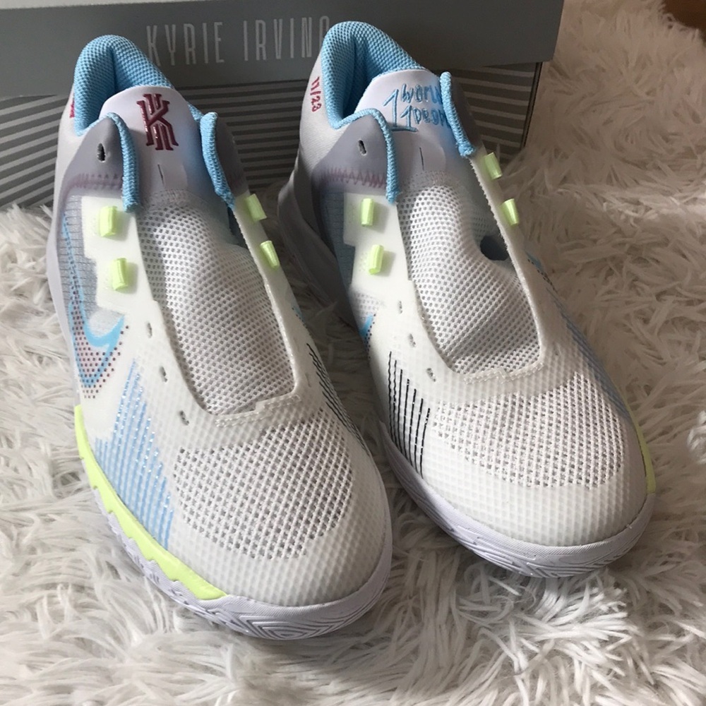 Nike Kids White Light Blue Neon Green Kyrie Sneakers